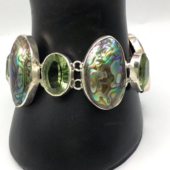 Sterling Silver Abalone Peridot Bracelet 925 Adjustable up to 8" - Picture 5 of 12